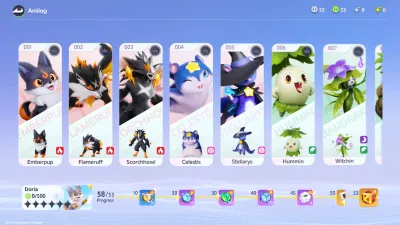 The in-game Aniilog screen showing numbered creature cards and milestone rewards (official gameplay screenshot)