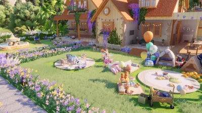 A cozy homestead garden with a cottage, wisteria, and two Aniimo playing on the lawn (official gameplay screenshot)