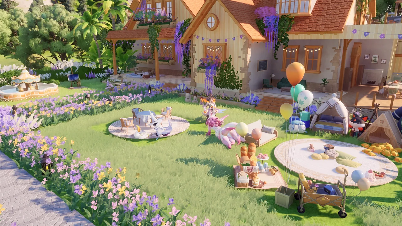 A cozy homestead garden with a cottage, wisteria, and two Aniimo playing on the lawn (official gameplay screenshot)
