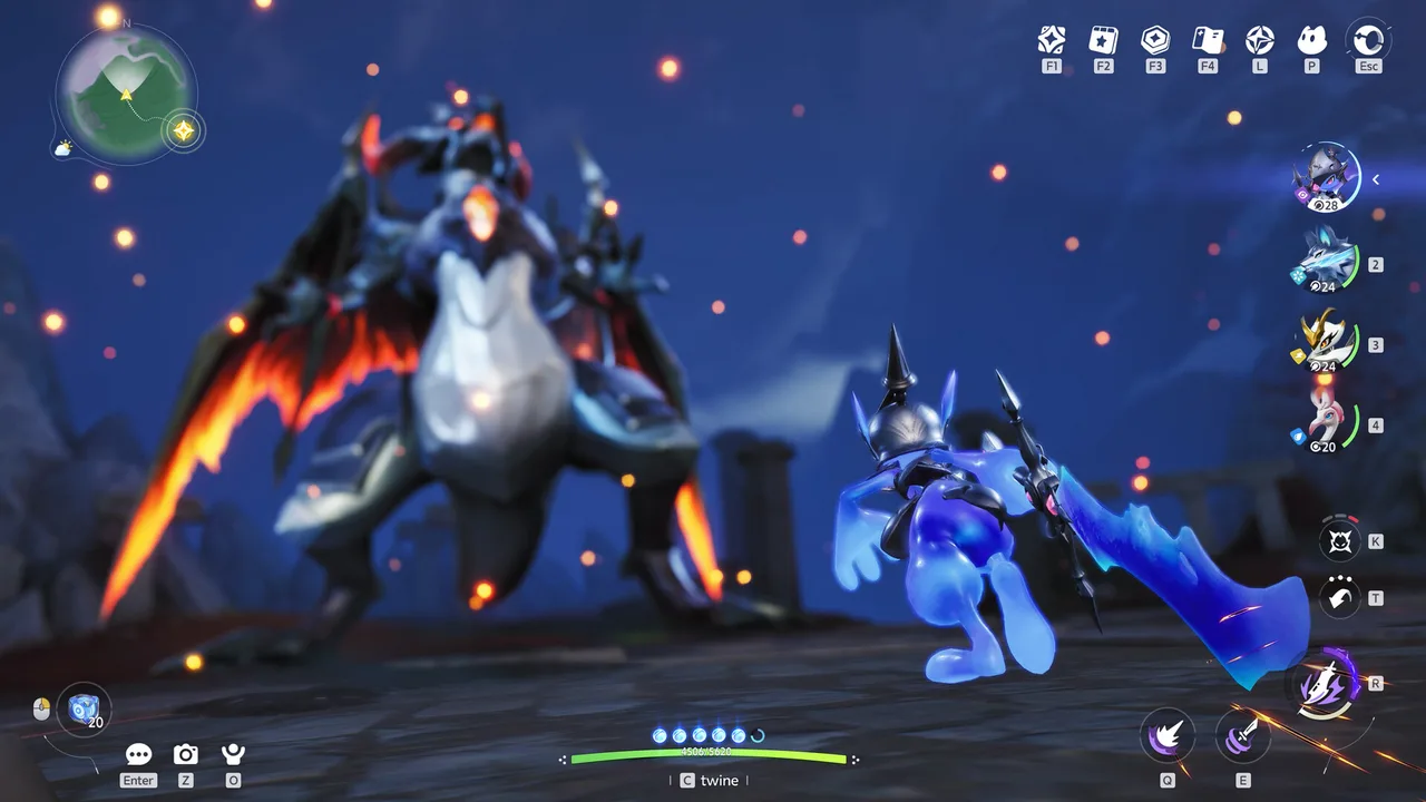 A four-player party battling a giant fire-winged world boss in a volcanic arena (official gameplay screenshot)