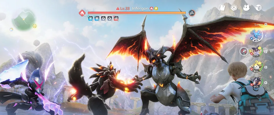 Offizieller Aniimo-Gameplay-Screenshot: ein Trainer und sein Aniimo im Kampf gegen eine große wilde Boss-Kreatur (englische Spielversion)